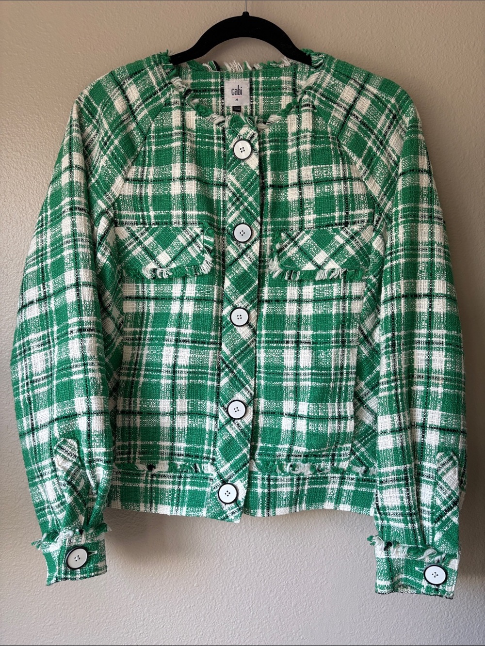 CAbi Green and White Plaid Tweed Jacket